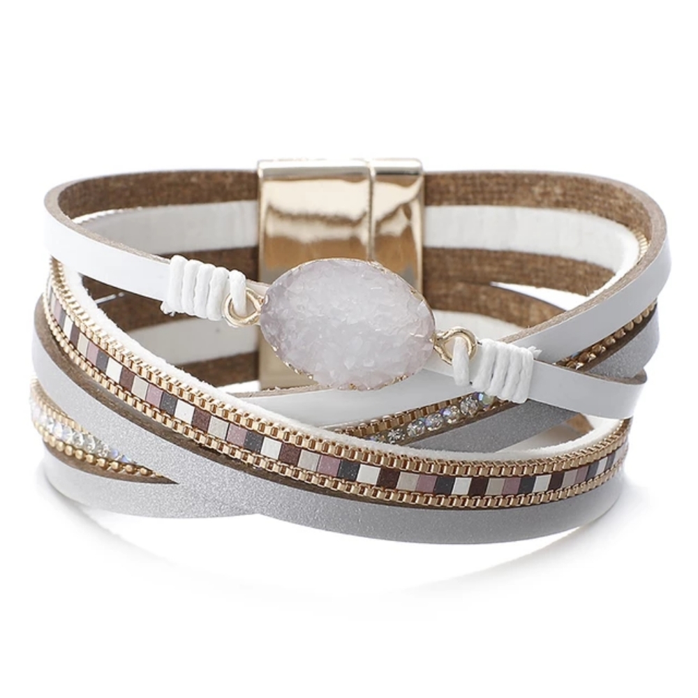 Faux Leather Bracelet Druzy Quartz Stone
